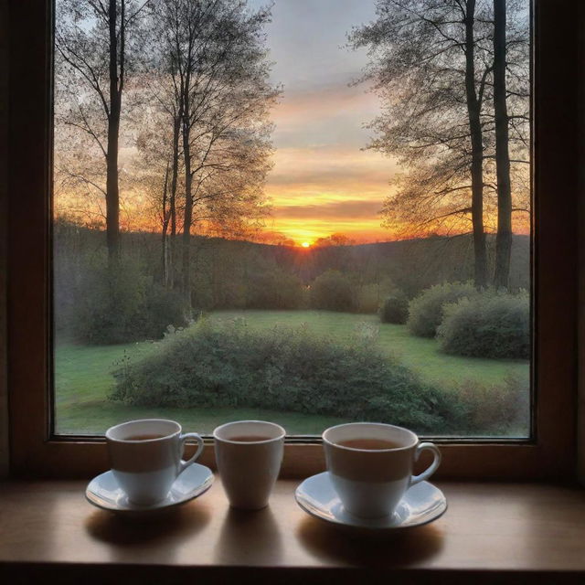 A serene sunset view through a window overlooking trees, with a steaming cup of tea resting on the window sill.