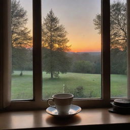 A serene sunset view through a window overlooking trees, with a steaming cup of tea resting on the window sill.