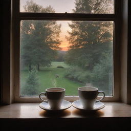 A serene sunset view through a window overlooking trees, with a steaming cup of tea resting on the window sill.