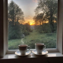 A serene sunset view through a window overlooking trees, with a steaming cup of tea resting on the window sill.