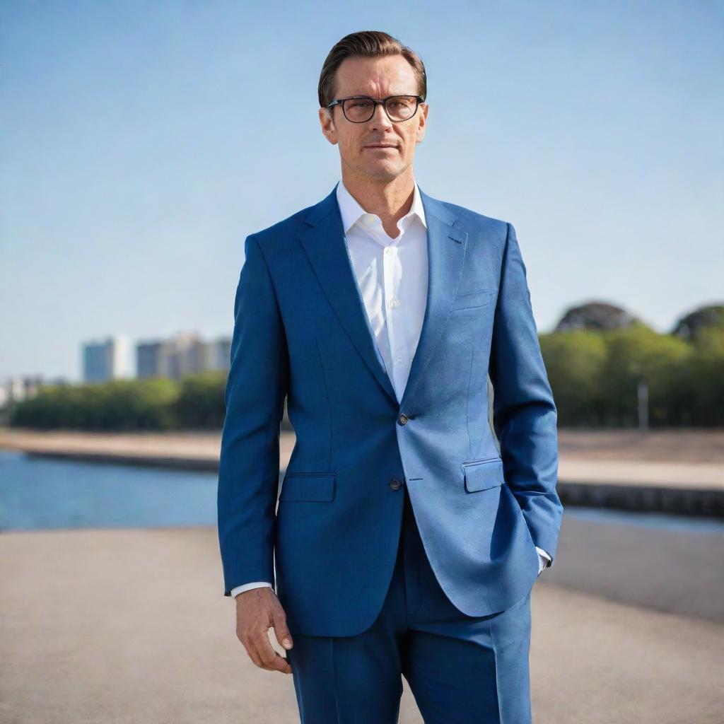 A handsome, slightly muscular man aged around 40 years. He stands 1.88m tall, weighs 80kg, and has brown hair. He's attired in a blue suit, white shirt, and classic black shoes while wearing smoked glasses.