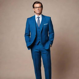 A handsome, slightly muscular man aged around 40 years. He stands 1.88m tall, weighs 80kg, and has brown hair. He's attired in a blue suit, white shirt, and classic black shoes while wearing smoked glasses.