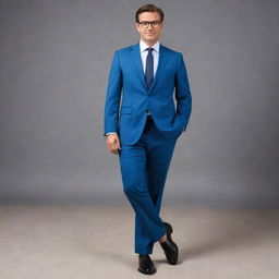 A handsome, slightly muscular man aged around 40 years. He stands 1.88m tall, weighs 80kg, and has brown hair. He's attired in a blue suit, white shirt, and classic black shoes while wearing smoked glasses.