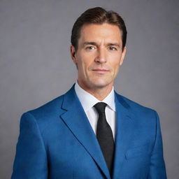 A handsome, slightly muscular man aged around 40 years. He stands 1.88m tall, weighs 80kg, and has brown hair. He is dressed in a blue suit, a white shirt, and classic black shoes. He is not wearing glasses.