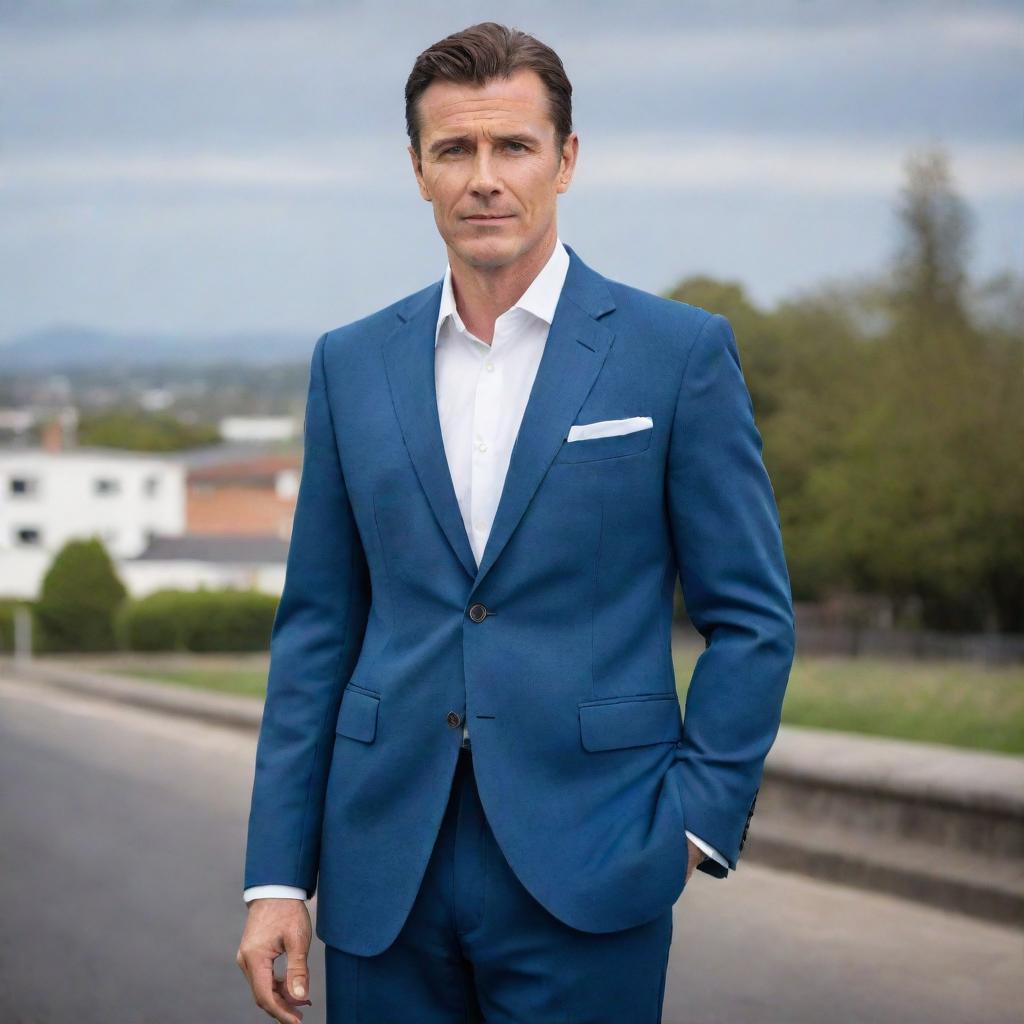 A handsome, slightly muscular man aged around 40 years. He stands 1.88m tall, weighs 80kg, and has brown hair. He is dressed in a blue suit, a white shirt, and classic black shoes. He is not wearing glasses.