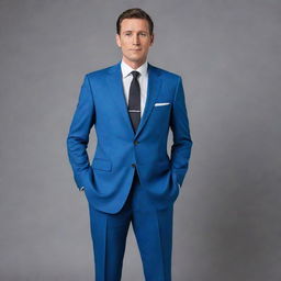 A handsome, slightly muscular man aged around 40 years. He stands 1.88m tall, weighs 80kg, and has brown hair. He is dressed in a blue suit, a white shirt, and classic black shoes. He is not wearing glasses.