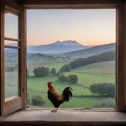 A rustic countryside scene during dawn, with a rooster crowing from a window sill, the sun rising over distant mountains, and trees scattered across the landscape.