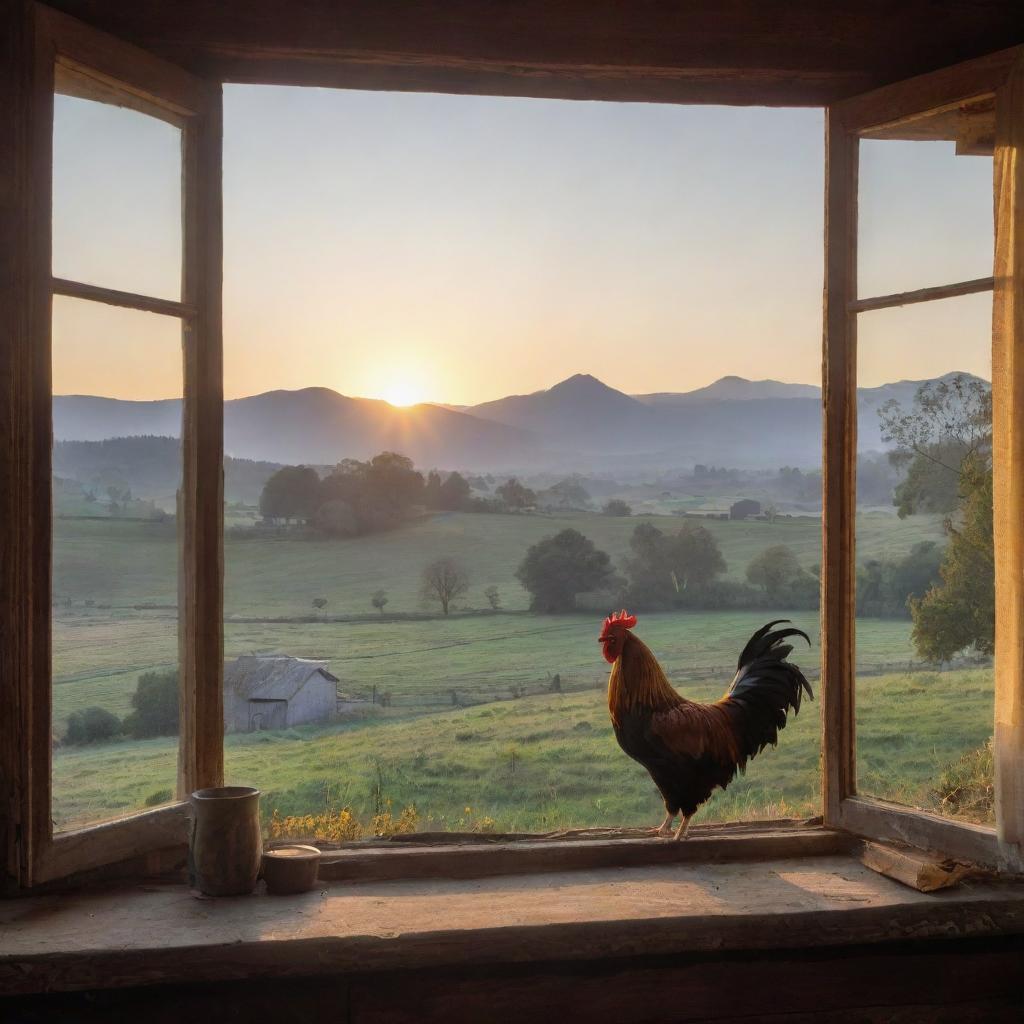 A rustic countryside scene during dawn, with a rooster crowing from a window sill, the sun rising over distant mountains, and trees scattered across the landscape.