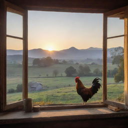 A rustic countryside scene during dawn, with a rooster crowing from a window sill, the sun rising over distant mountains, and trees scattered across the landscape.