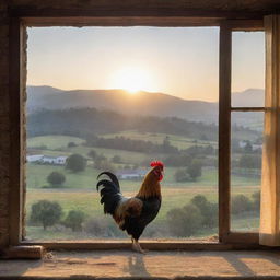 A rustic countryside scene during dawn, with a rooster crowing from a window sill, the sun rising over distant mountains, and trees scattered across the landscape.