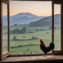 A rustic countryside scene during dawn, with a rooster crowing from a window sill, the sun rising over distant mountains, and trees scattered across the landscape.