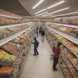 A bustling supermarket scene filled with people shopping, the colorful aisles filled with arrays of products.