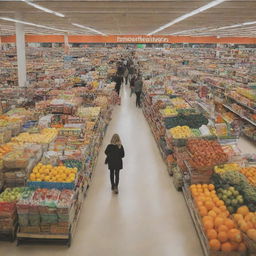 A bustling supermarket scene filled with people shopping, the colorful aisles filled with arrays of products.