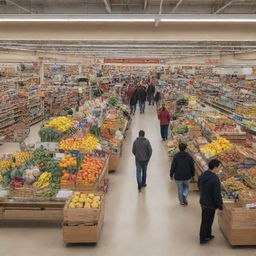 A bustling supermarket scene filled with people shopping, the colorful aisles filled with arrays of products.