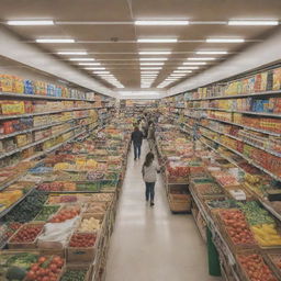 A bustling supermarket scene filled with people shopping, the colorful aisles filled with arrays of products.