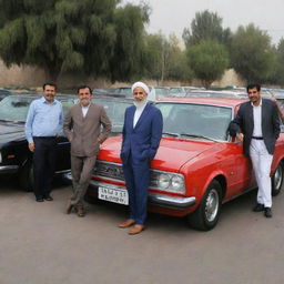 Iranian mullahs standing next to their favorite cars, showcasing their love and passion for automobiles.