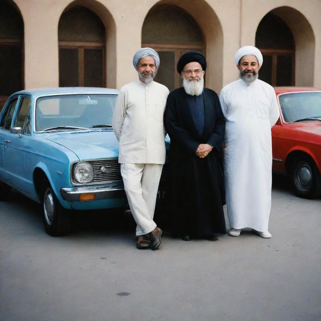 Iranian mullahs standing next to their favorite cars, showcasing their love and passion for automobiles.