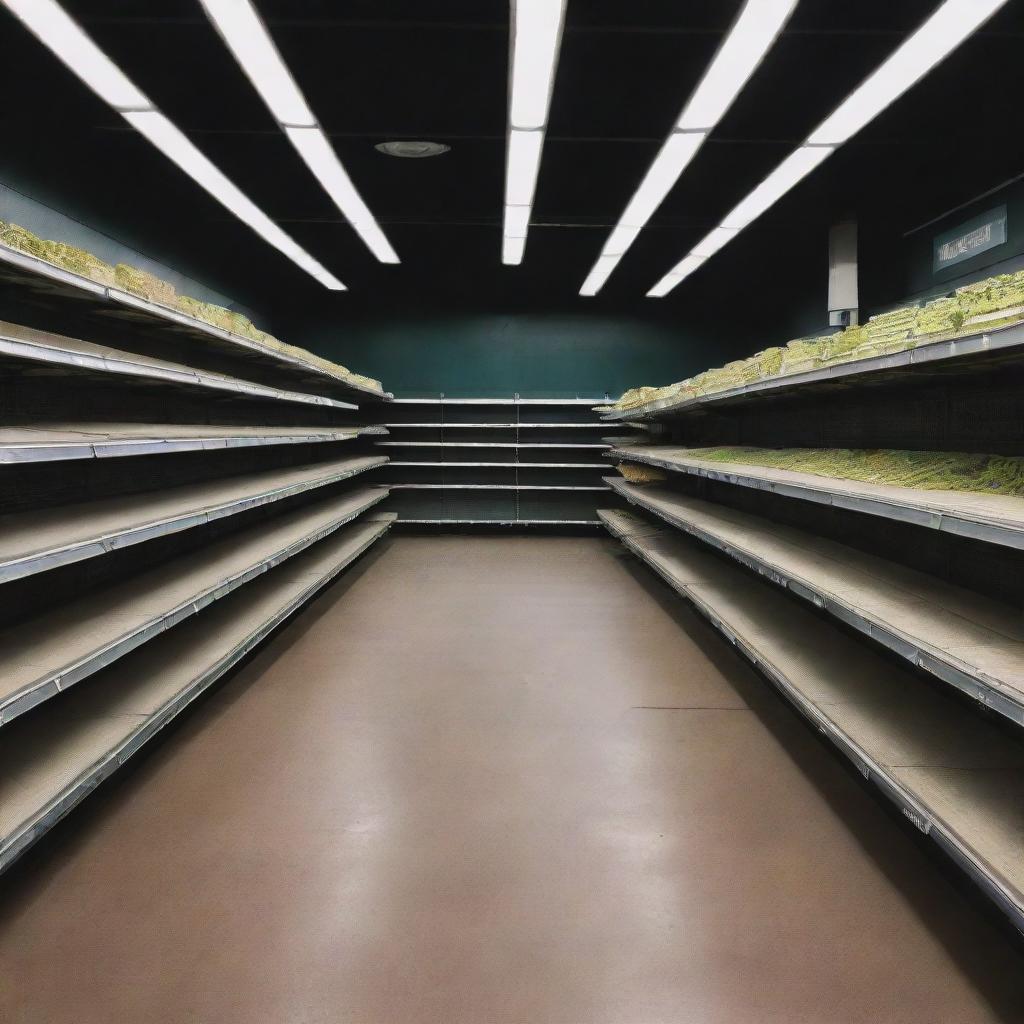 An empty supermarket at night, dimly lit, casting long shadows among the deserted aisles.