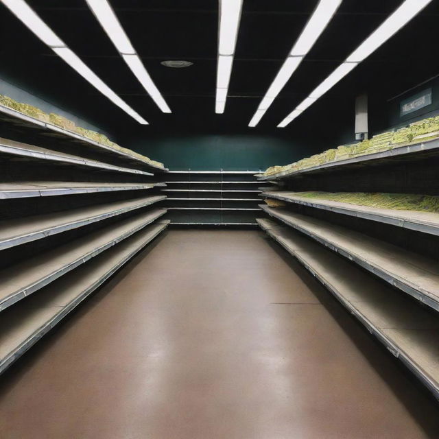 An empty supermarket at night, dimly lit, casting long shadows among the deserted aisles.