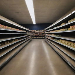 An empty supermarket at night, dimly lit, casting long shadows among the deserted aisles.