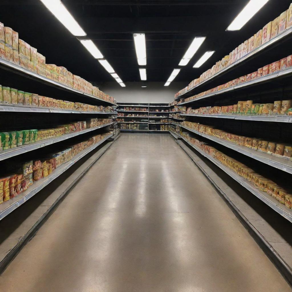 An empty supermarket at night, dimly lit, casting long shadows among the deserted aisles.