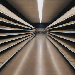 An empty supermarket at night, dimly lit, casting long shadows among the deserted aisles.