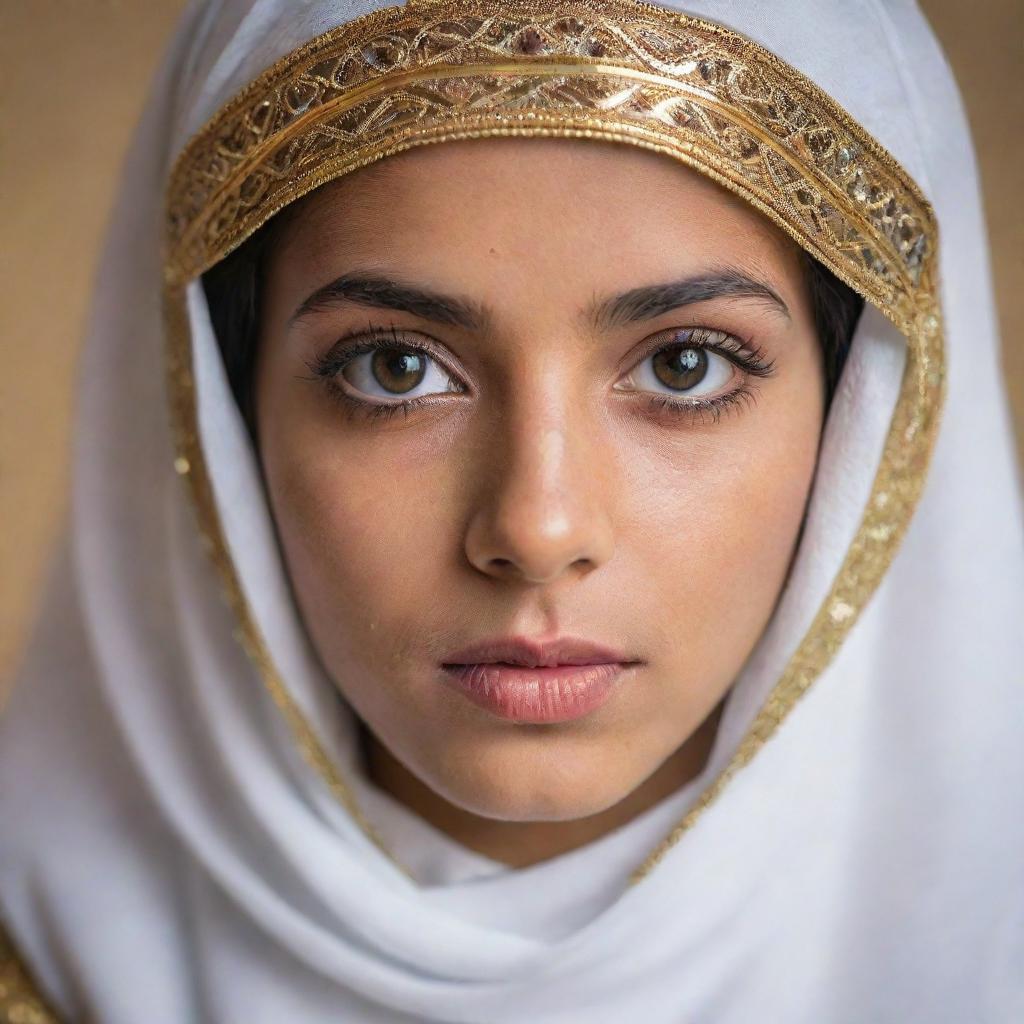 A portrait of a beautiful Arabian girl, exhibiting striking traditional attire and expressive eyes.