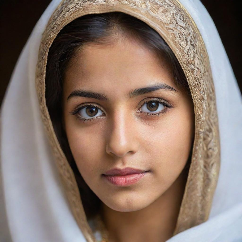 A portrait of a beautiful Arabian girl, exhibiting striking traditional attire and expressive eyes.