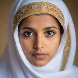 A portrait of a beautiful Arabian girl, exhibiting striking traditional attire and expressive eyes.