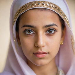 A portrait of a beautiful Arabian girl, exhibiting striking traditional attire and expressive eyes.