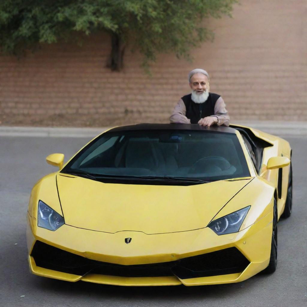 An Iranian cleric, showcasing his love for cars, seated in a Lamborghini Kandash.