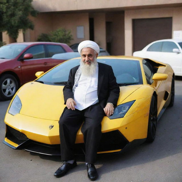 An Iranian cleric, showcasing his love for cars, seated in a Lamborghini Kandash.