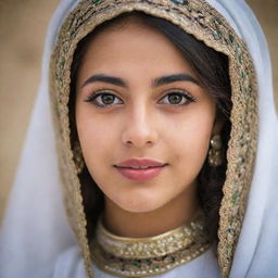 A portrait of a beautiful Palestinian Arabian girl, showcasing her in traditional attire with grace and poise.