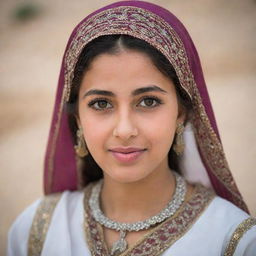 A portrait of a beautiful Palestinian Arabian girl, showcasing her in traditional attire with grace and poise.