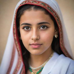 A portrait of a beautiful Palestinian Arabian girl, showcasing her in traditional attire with grace and poise.