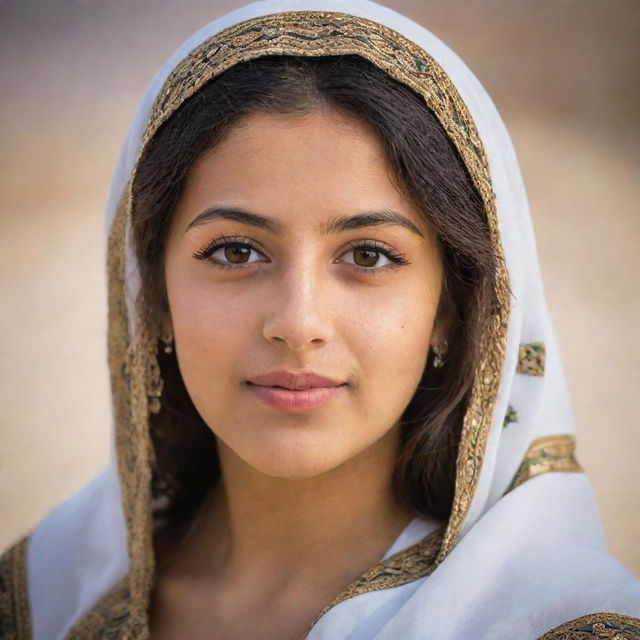 A portrait of a beautiful Palestinian Arabian girl, showcasing her in traditional attire with grace and poise.