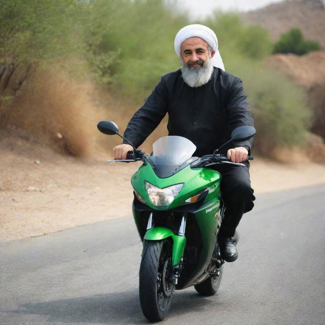 An Iranian cleric showcasing his adventurous side, riding a Kawasaki motorcycle.