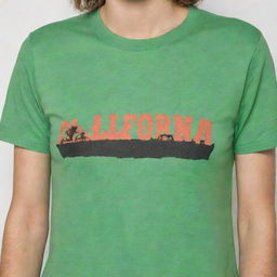 A vibrant green t-shirt with the name 'California' stylishly printed on the front.