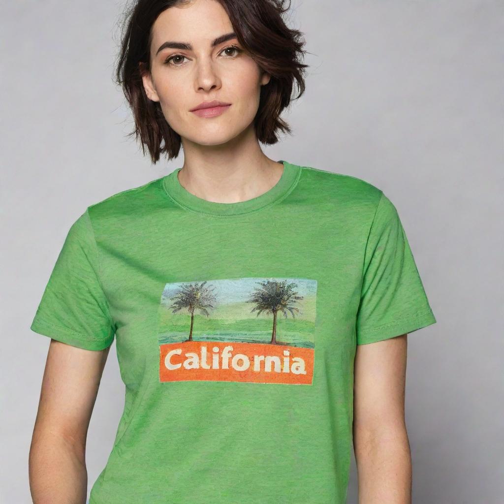 A vibrant green t-shirt with the name 'California' stylishly printed on the front.