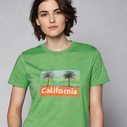 A vibrant green t-shirt with the name 'California' stylishly printed on the front.