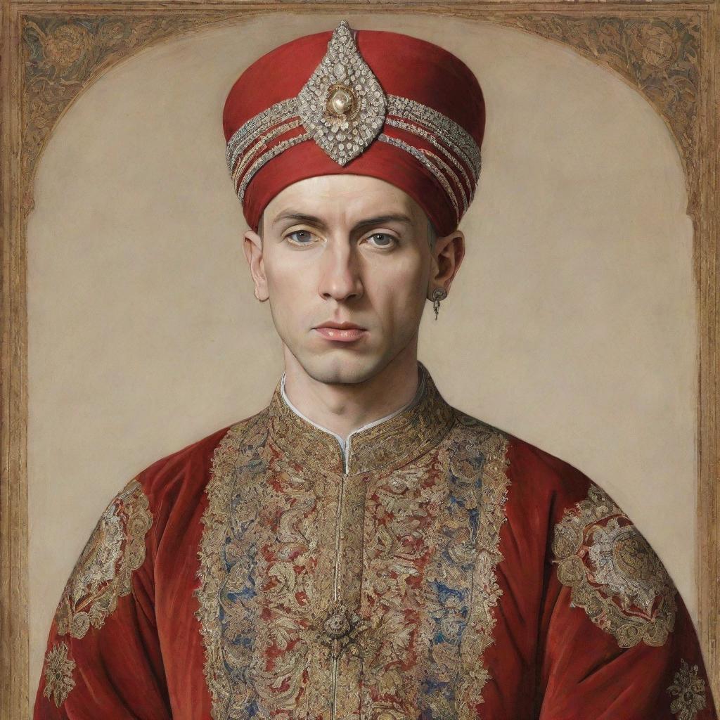 Eminem depicted as an Ottoman period figure, donning a large, intricately designed turban, in high detail