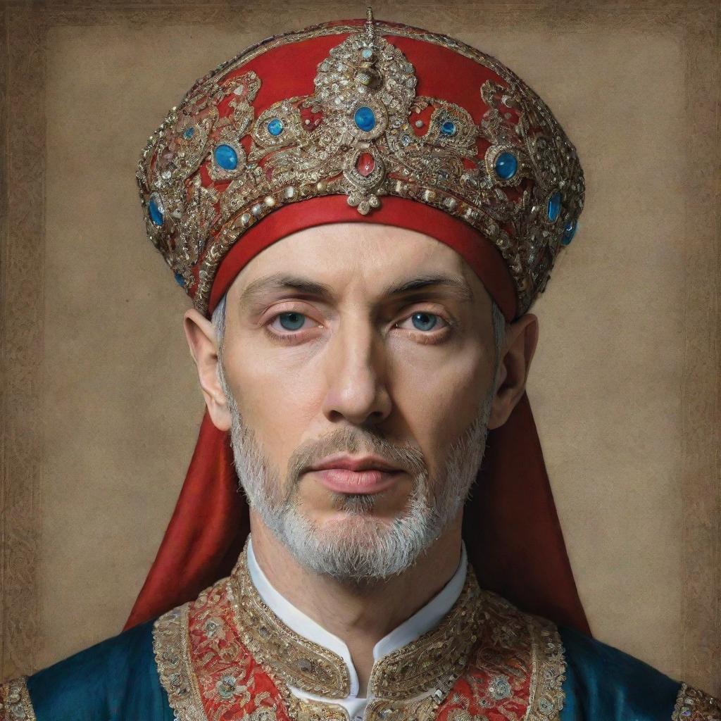 Eminem depicted as an Ottoman period figure, donning a large, intricately designed turban, in high detail