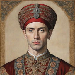 Eminem depicted as an Ottoman period figure, donning a large, intricately designed turban, in high detail