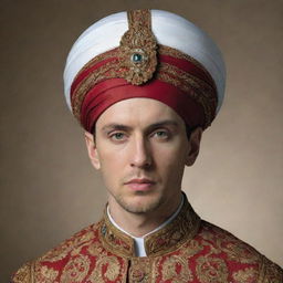 Eminem depicted as an Ottoman period figure, donning a large, intricately designed turban, in high detail