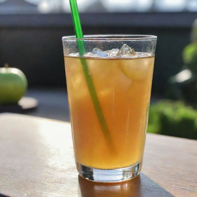 A crystal clear glass filled with freshly squeezed, vibrant apple juice, reflecting sunlight. Condensation droplets are seen on the sides of the glass, and a green straw is poking out on top.