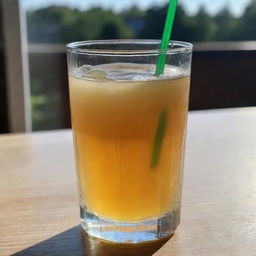 A crystal clear glass filled with freshly squeezed, vibrant apple juice, reflecting sunlight. Condensation droplets are seen on the sides of the glass, and a green straw is poking out on top.