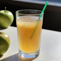 A crystal clear glass filled with freshly squeezed, vibrant apple juice, reflecting sunlight. Condensation droplets are seen on the sides of the glass, and a green straw is poking out on top.