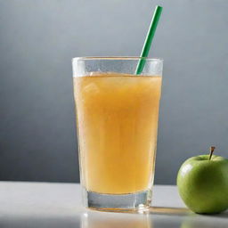 A crystal clear glass filled with freshly squeezed, vibrant apple juice, reflecting sunlight. Condensation droplets are seen on the sides of the glass, and a green straw is poking out on top.