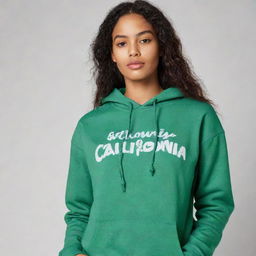 A trendy green hoodie with the name 'California' prominently emblazoned on it.