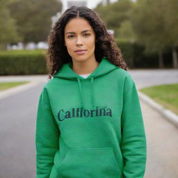 A trendy green hoodie with the name 'California' prominently emblazoned on it.